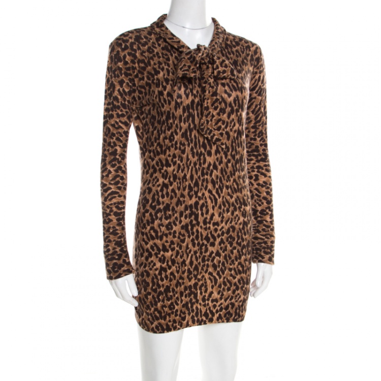 Pre Owned Dolce & Gabbana Brown Leopard Print Cashmere Neck Tie Detail Tunic S
