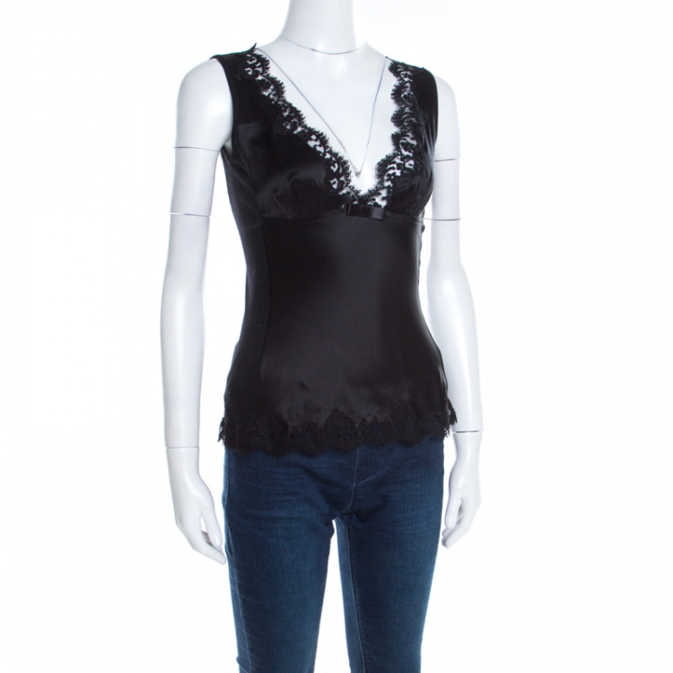 Pre Owned Dolce and Gabbana Black Satin and Jersey Lace Trim Sleeveless Top S