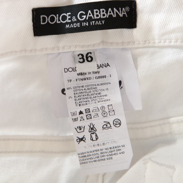 Pre Owned Dolce and Gabbana Off White Distressed Stretch Denim Cropped Skinny Pretty Jeans XS