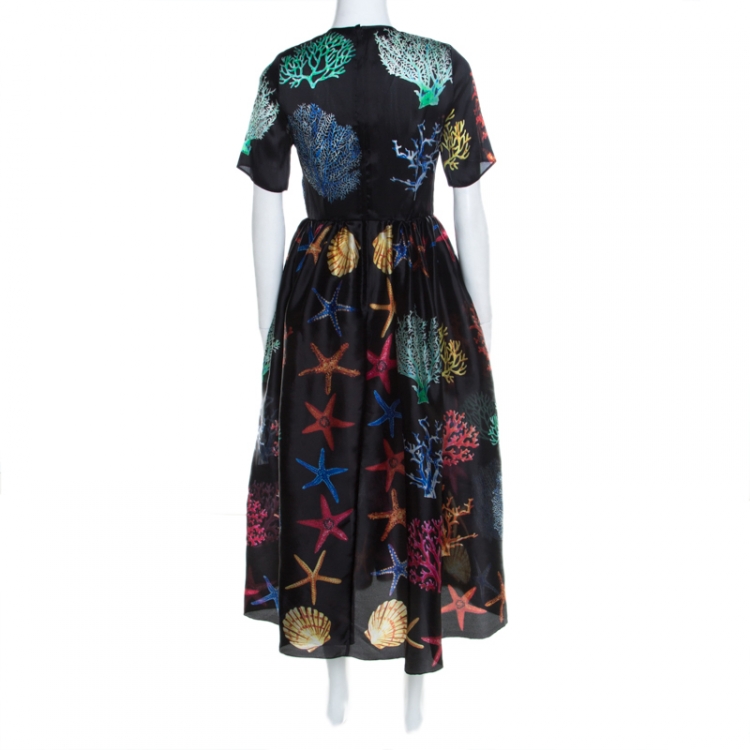 Pre Owned Dolce and Gabbana Black Coral Printed Silk Embellished Bow Detail Maxi Dress S