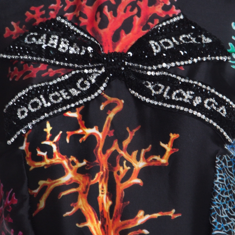 Pre Owned Dolce and Gabbana Black Coral Printed Silk Embellished Bow Detail Maxi Dress S