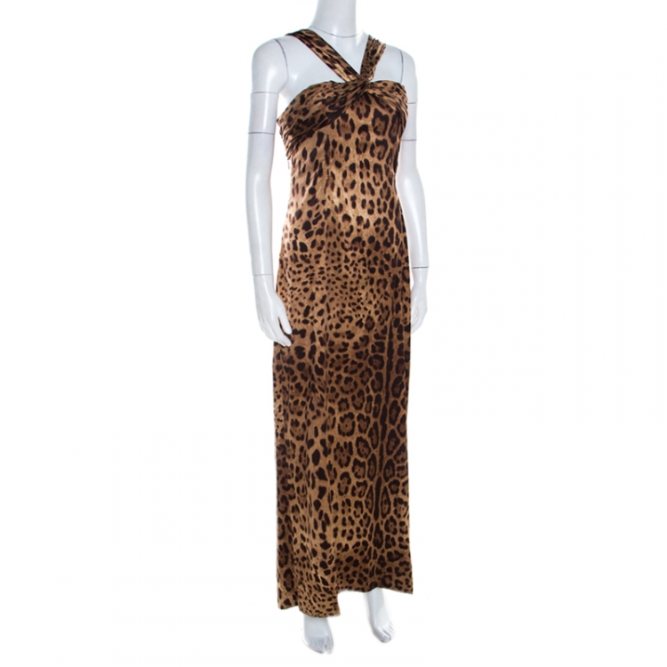 Pre Owned Dolce & Gabbana Leopard Print Silk Knit Pleated Bodice Gown L
