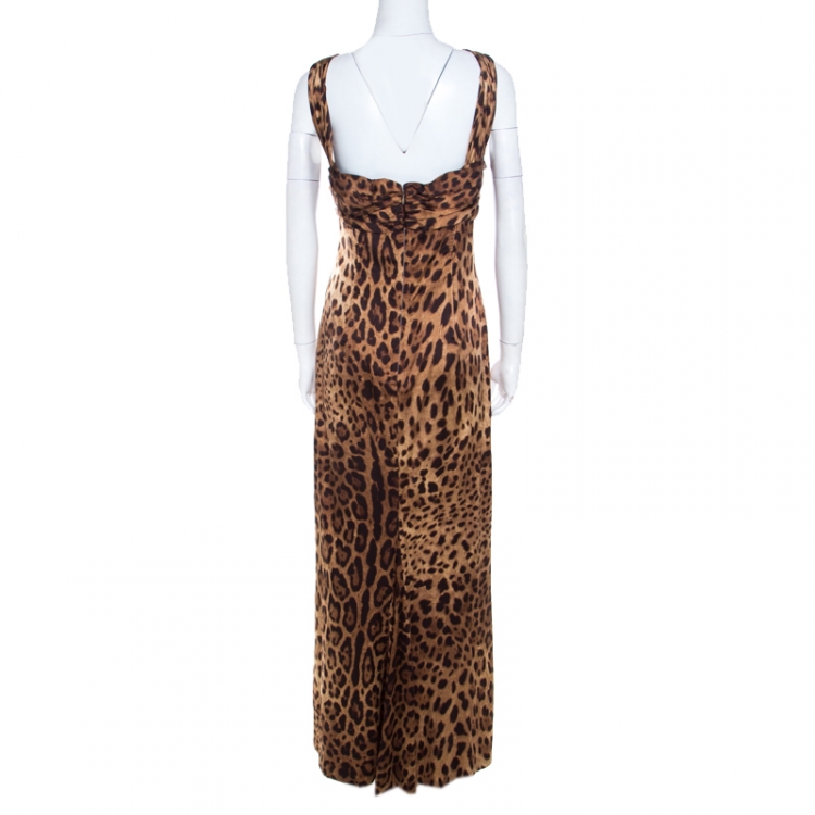 Pre Owned Dolce & Gabbana Leopard Print Silk Knit Pleated Bodice Gown L