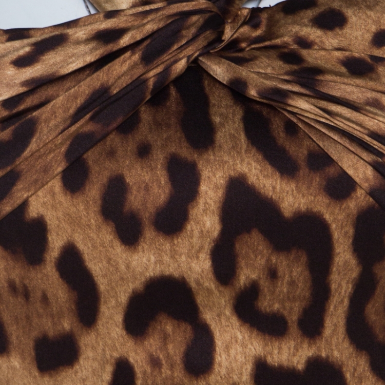 Pre Owned Dolce & Gabbana Leopard Print Silk Knit Pleated Bodice Gown L