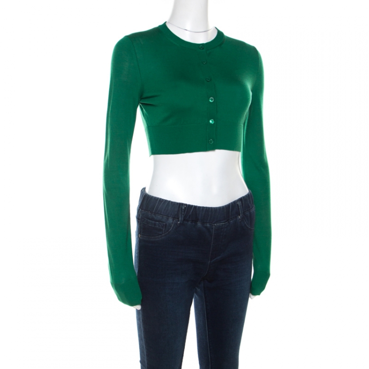 Pre Owned Dolce & Gabbana Green Silk Rib Knit Button Front Cropped Cardigan XS