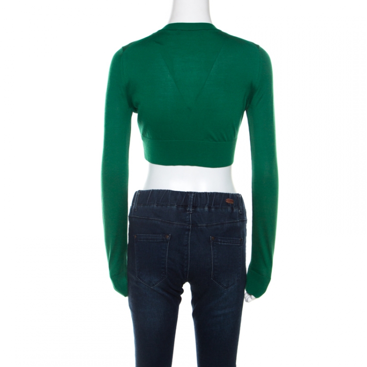 Pre Owned Dolce & Gabbana Green Silk Rib Knit Button Front Cropped Cardigan XS