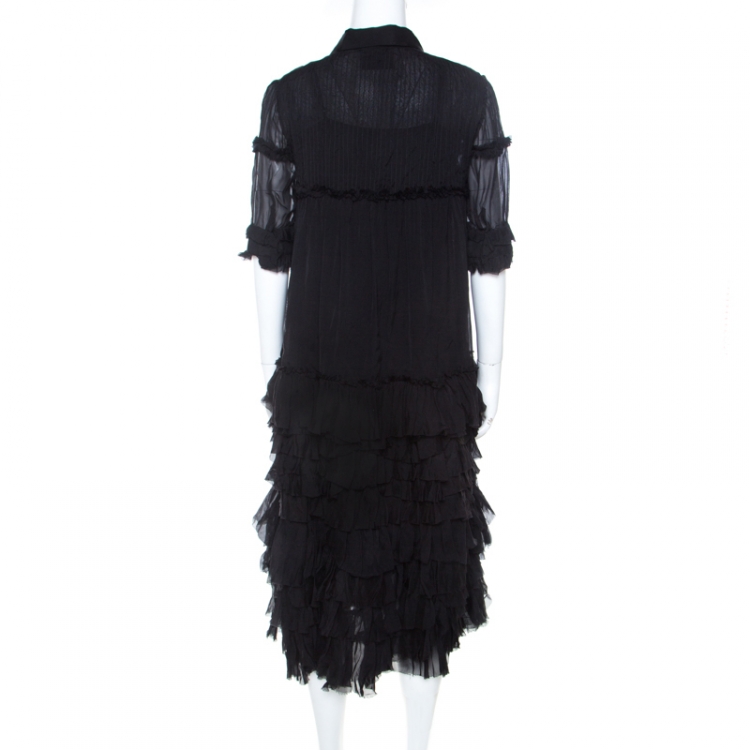 Pre Owned Dolce and Gabbana Black Silk Ruffle Layered Midi Dress M 