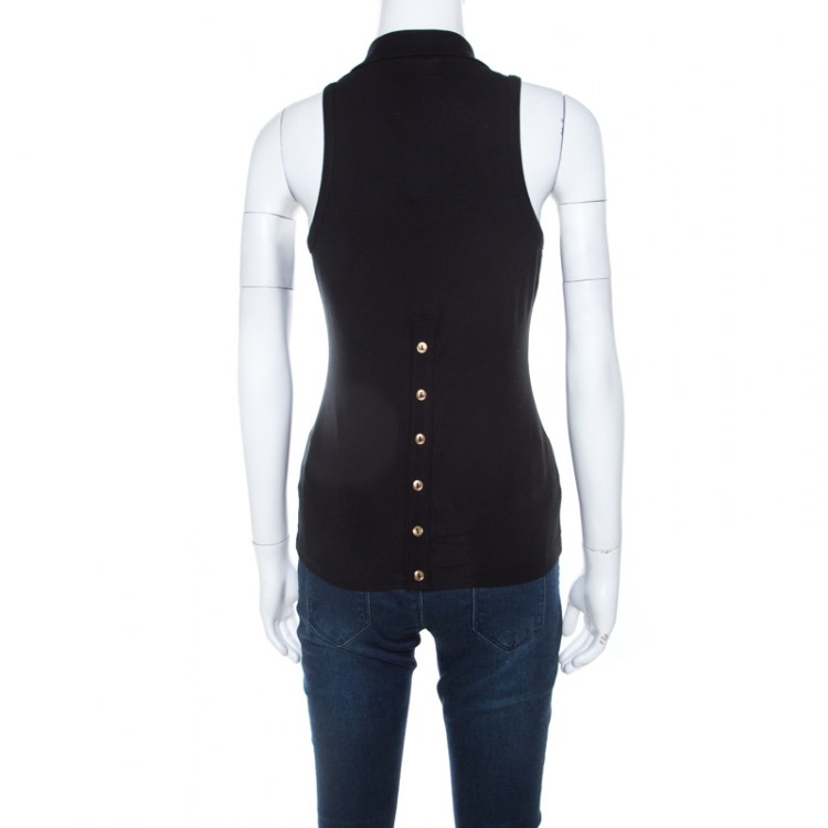 Pre Owned Dolce and Gabbana Black Printed Cotton Jersey Sleeveless Polo T Shirt M 