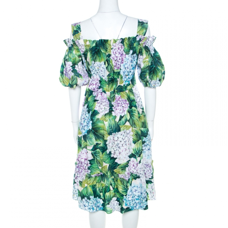 مملوكة مسبقًا Dolce and Gabbana Hydrangea Print Cotton Poplin Elasticized Waist Cold Shoulder Dress S