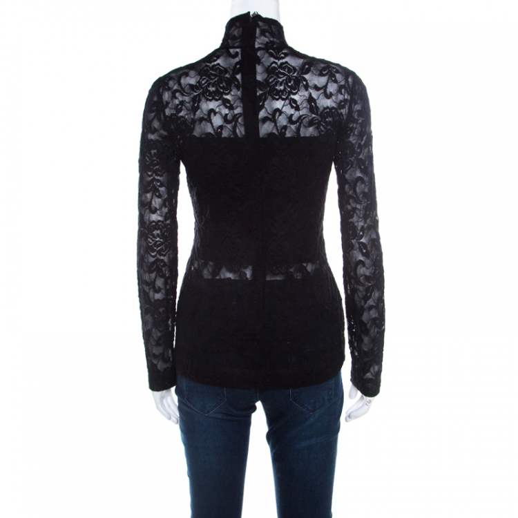 Pre Owned Dolce and Gabbana Black Stretch Lace Zip Front Top S