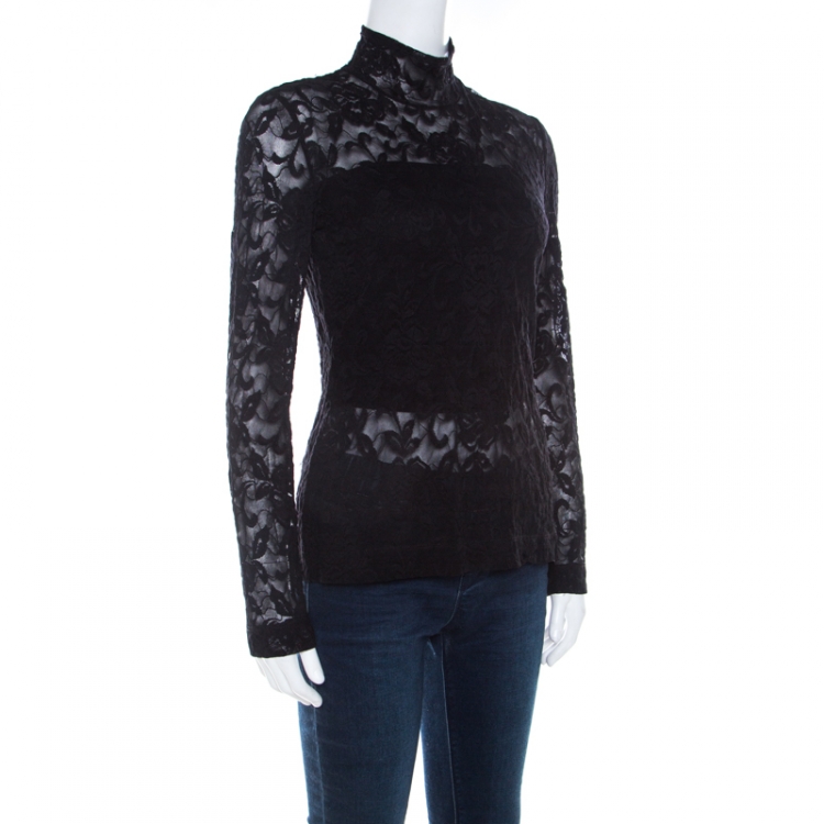 Pre Owned Dolce and Gabbana Black Stretch Lace Zip Front Top S