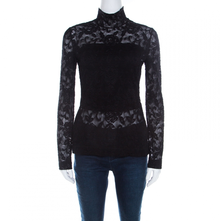 Dolce and Gabbana Black Stretch Lace Zip Front Top S Dolce