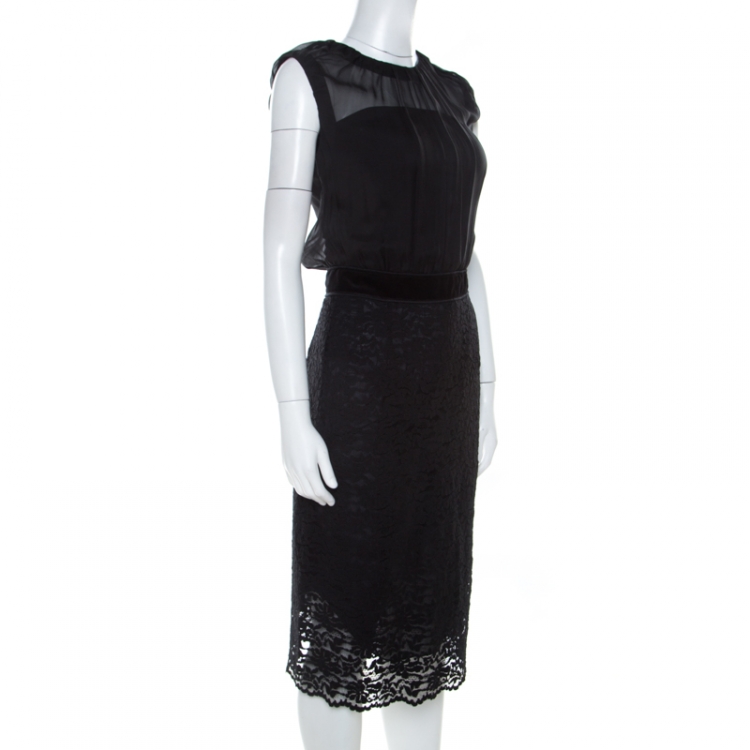 Pre Owned Dolce & Gabbana Black Sheer Silk Bodice Cap Sleeve Lace Dress S