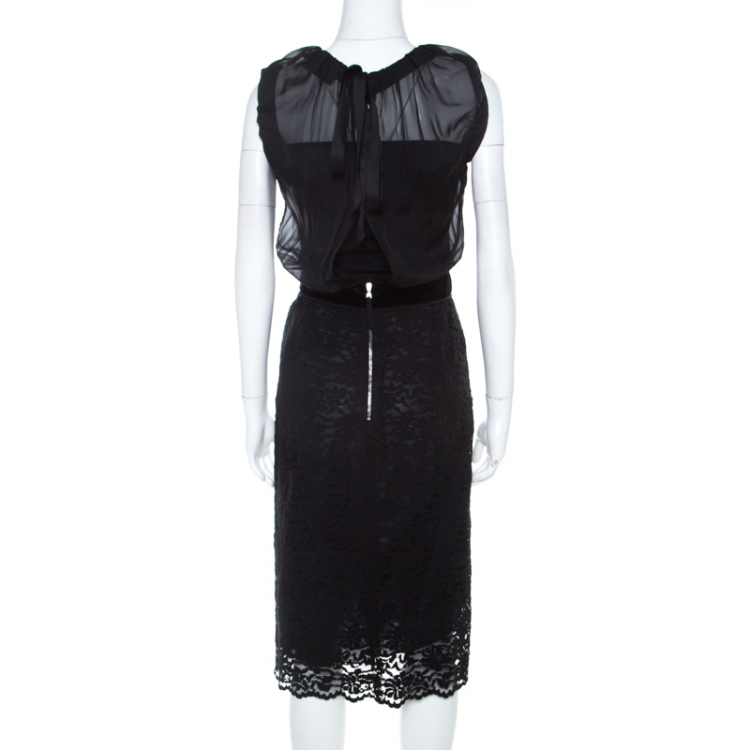 Pre Owned Dolce & Gabbana Black Sheer Silk Bodice Cap Sleeve Lace Dress S