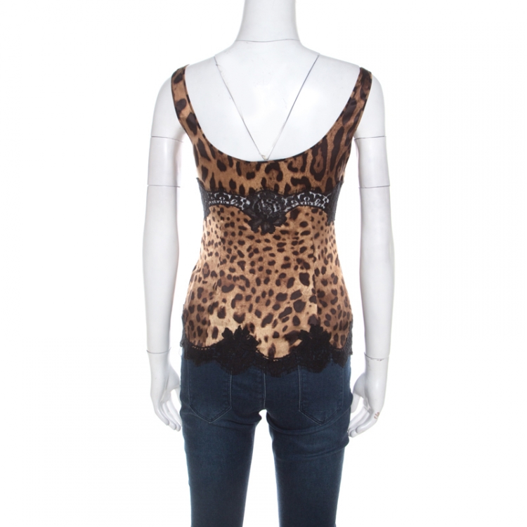 Pre Owned Dolce and Gabbana Brown Leopard Print Silk and Lace Trim Camisole Top S