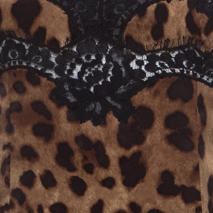 Pre Owned Dolce and Gabbana Brown Leopard Print Silk and Lace Trim Camisole Top S