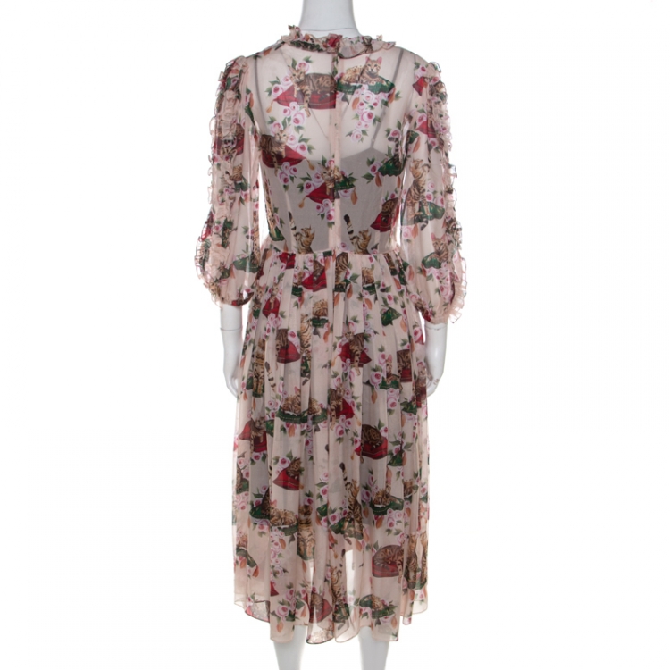 Pre Owned Dolce & Gabbana Multicolor Cat and Floral Print Silk Ruffled Trim Midi Dress M
