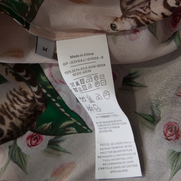 Pre Owned Dolce & Gabbana Multicolor Cat and Floral Print Silk Ruffled Trim Midi Dress M