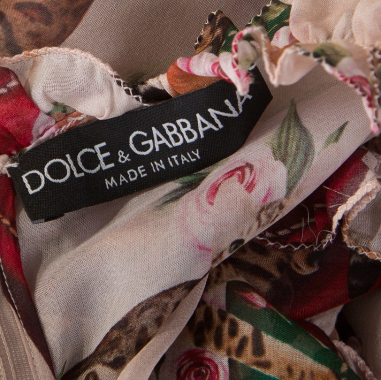 Pre Owned Dolce & Gabbana Multicolor Cat and Floral Print Silk Ruffled Trim Midi Dress M