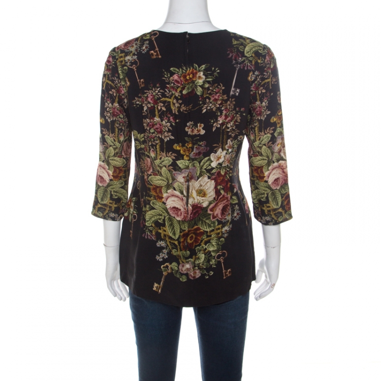 Pre Owned Dolce & Gabbana Black Antique Key and Floral Print Crepe Long Sleeve Blouse L