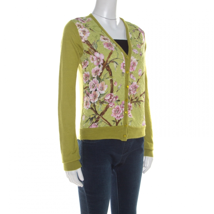 Pre Owned Dolce and Gabbana Lime Green Cashmere Blend Floral Jacquard Panel Sweater M