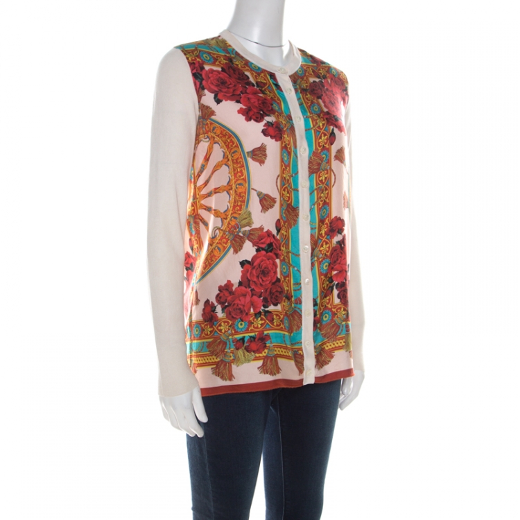 Pre Owned Dolce and Gabbana Multicolor Tasseled Baroque Print Silk Cardigan S