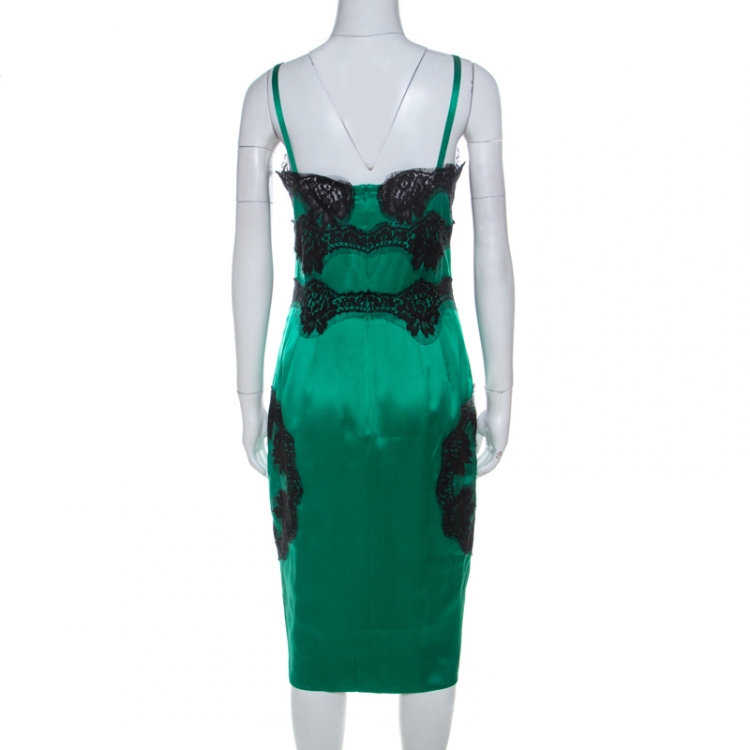 Pre Owned Dolce and Gabbana Green Silk Blend Contrast Lace Trim Midi Slip Dress M