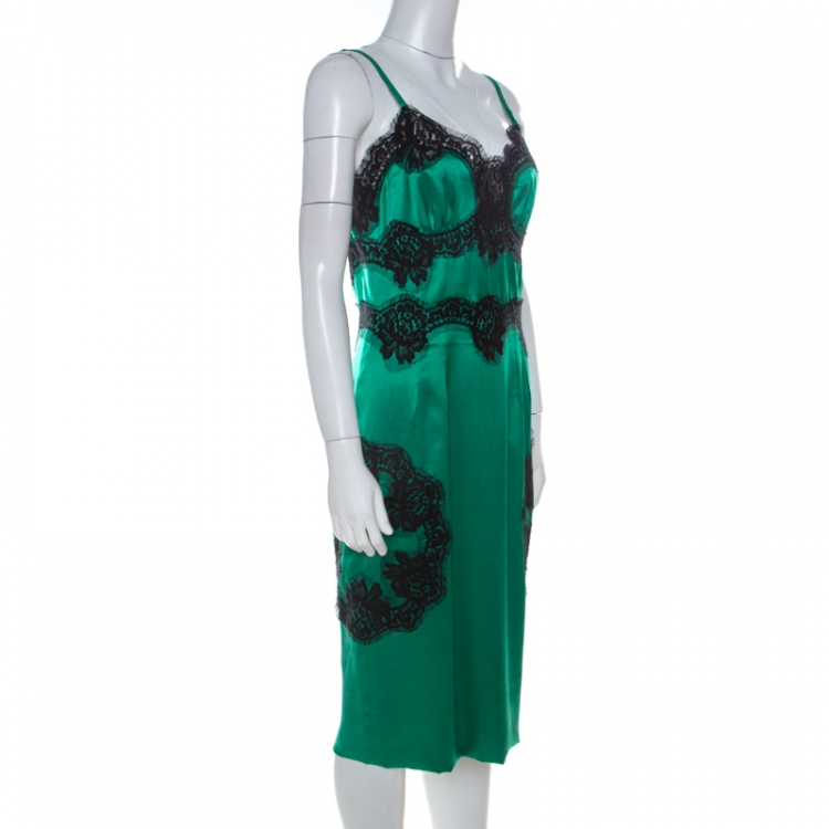 Pre Owned Dolce and Gabbana Green Silk Blend Contrast Lace Trim Midi Slip Dress M
