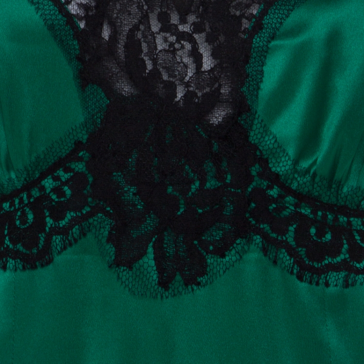 Pre Owned Dolce and Gabbana Green Silk Blend Contrast Lace Trim Midi Slip Dress M