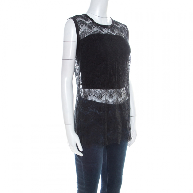 Pre Owned Dolce and Gabbana Black Floral Lace Sleeveless Mesh Top M 