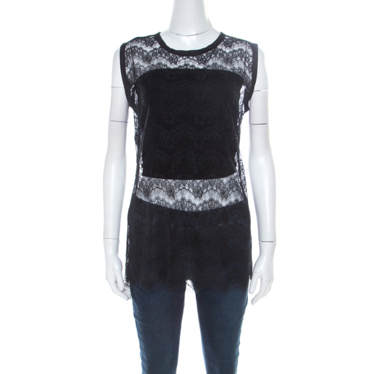 Pre Owned Dolce and Gabbana Black Floral Lace Sleeveless Mesh Top M 