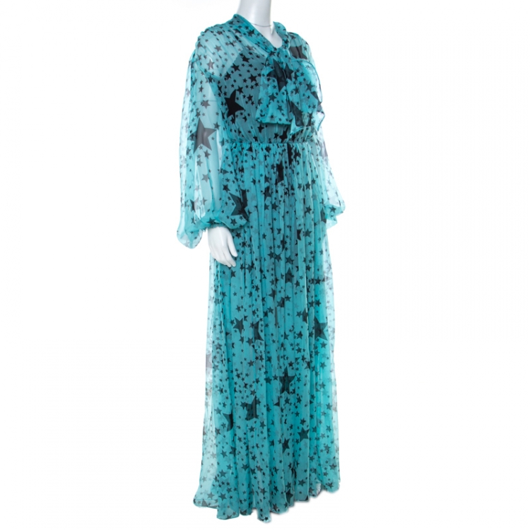 Pre Owned Dolce & Gabbana Blue Star Printed Georgette Elastic Waist Billowy Dress S