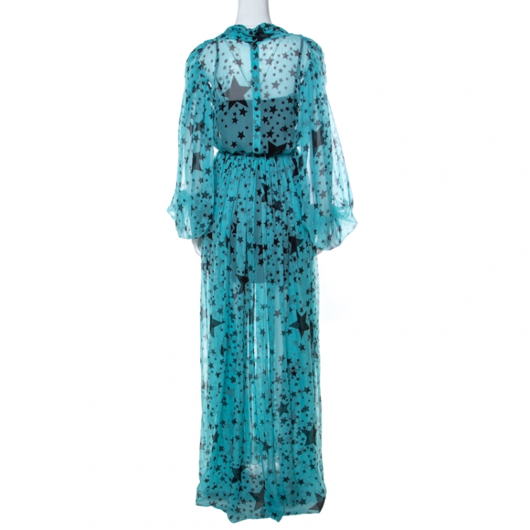 Pre Owned Dolce & Gabbana Blue Star Printed Georgette Elastic Waist Billowy Dress S