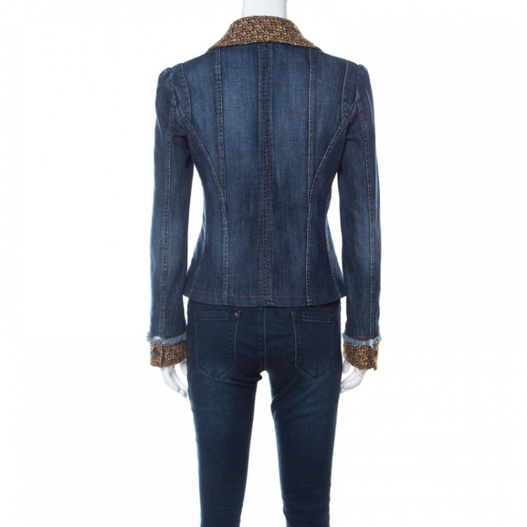 Pre Owned Dolce & Gabbana Blue Denim Floral Lining Wool Collar Detail Jacket M