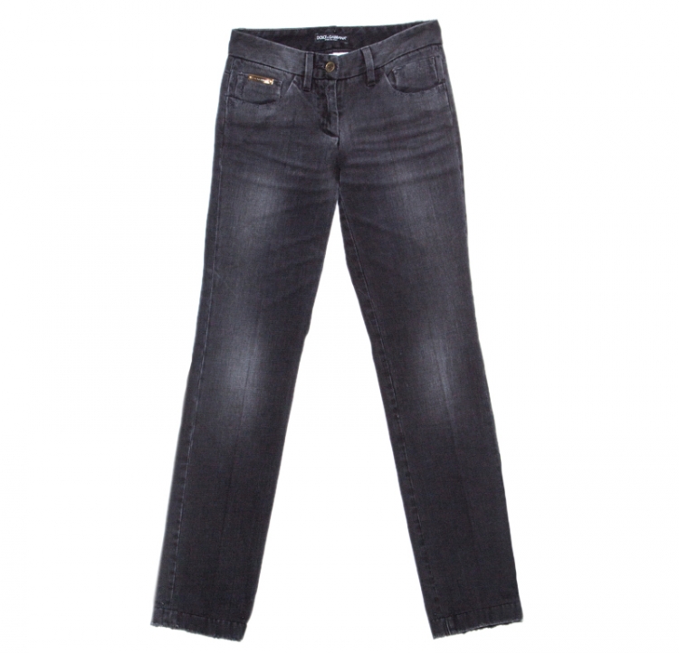 Pre Owned Dolce & Gabbana Charcoal Grey Faded Effect Denim Distressed Straight Fit Jeans XS