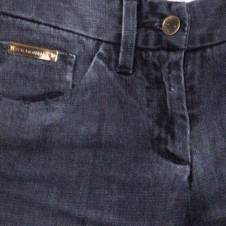 Pre Owned Dolce & Gabbana Charcoal Grey Faded Effect Denim Distressed Straight Fit Jeans XS