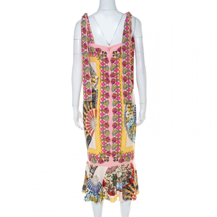 Pre Owned Dolce & Gabbana Multicolor Stretch Silk Oriental Fan Print Flounce Dress M