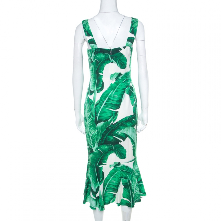Pre Owned Dolce and Gabbana Green & White Banana Leaf Print Ruffle Hem Sleeveless Dress M