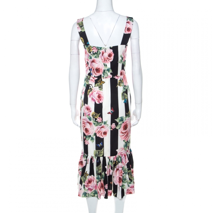 Pre Owned Dolce and Gabbana Black & White Striped Floral Print Stretch Silk Dress M 