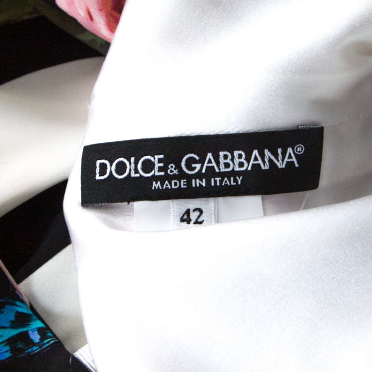 Pre Owned Dolce and Gabbana Black & White Striped Floral Print Stretch Silk Dress M 