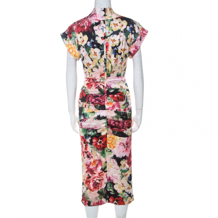 Pre Owned Dolce & Gabbana Multicolor Floral Print Silk Stretch Draped Dress S