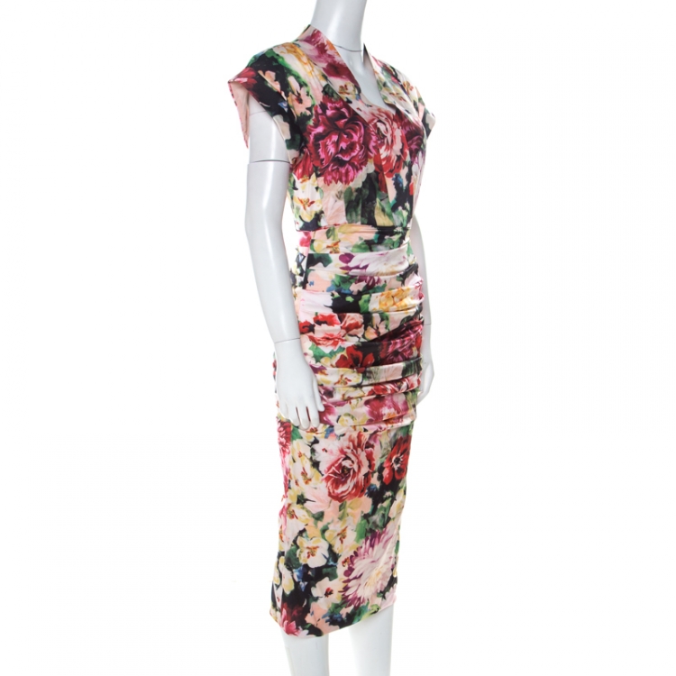 Pre Owned Dolce & Gabbana Multicolor Floral Print Silk Stretch Draped Dress S