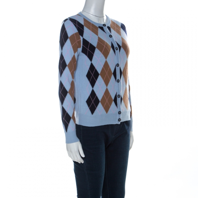 Pre Owned Dolce & Gabbana Light Blue Argyle Print Wool Blend Cardigan M