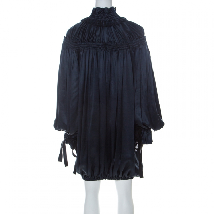 مملوكة مسبقًا Dolce & Gabbana Navy Blue Satin Contrast Tie Detail Gathered Ruffled Trim Long Sleeve Dress S