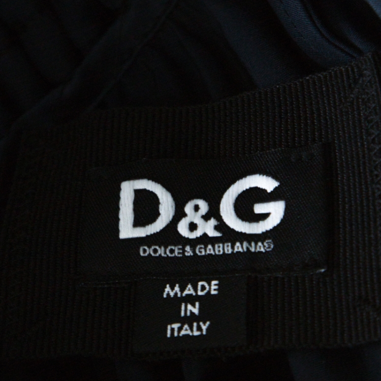 مملوكة مسبقًا Dolce & Gabbana Navy Blue Satin Contrast Tie Detail Gathered Ruffled Trim Long Sleeve Dress S