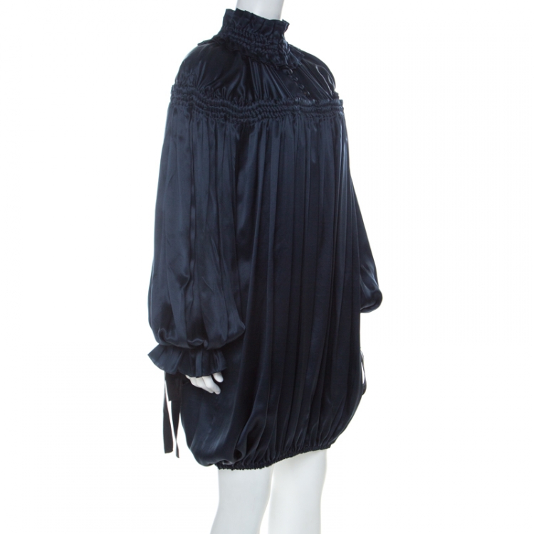 مملوكة مسبقًا Dolce & Gabbana Navy Blue Satin Contrast Tie Detail Gathered Ruffled Trim Long Sleeve Dress S
