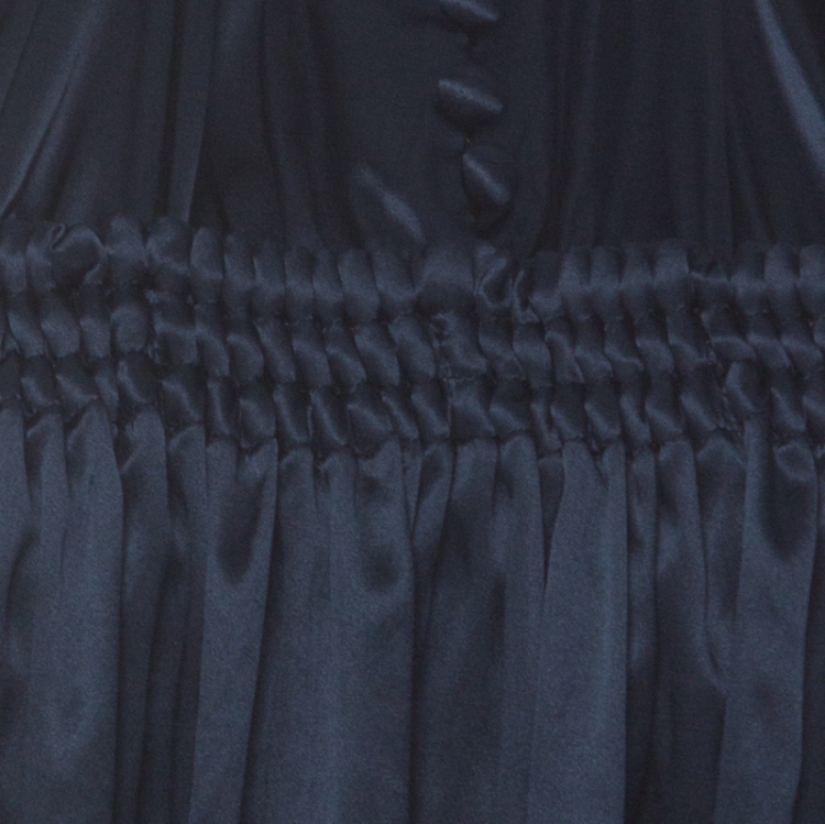 مملوكة مسبقًا Dolce & Gabbana Navy Blue Satin Contrast Tie Detail Gathered Ruffled Trim Long Sleeve Dress S
