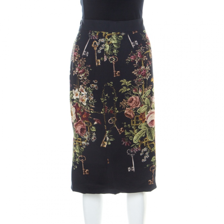 Pre Owned Dolce & Gabbana Dark Grey Floral Print Crepe Sheath Skirt S