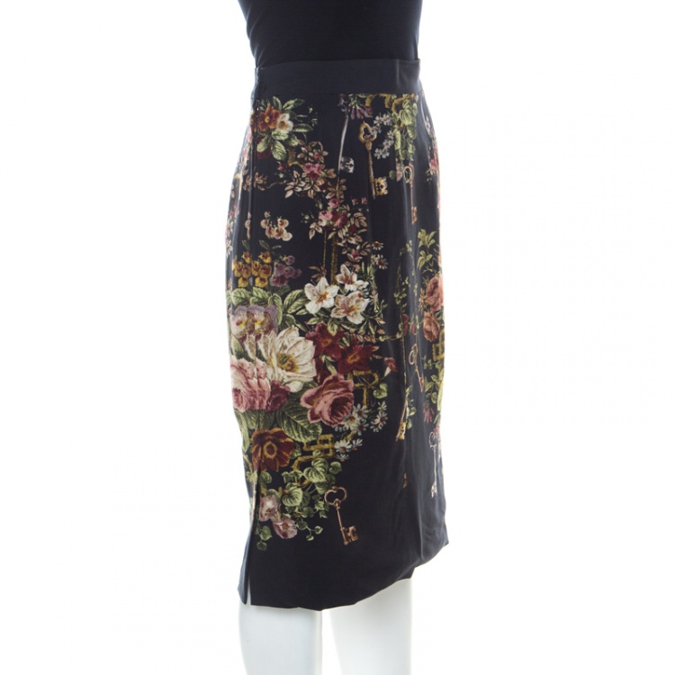 Pre Owned Dolce & Gabbana Dark Grey Floral Print Crepe Sheath Skirt S