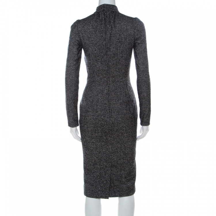 Pre Owned Dolce and Gabbana Tonal Grey Wool Blend Tweed Long Sleeve Sheath Dress XS